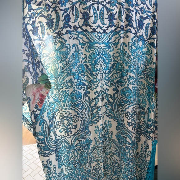 JOHNNY WAS Bohemian floral Blue Kimono with Fringe Small - Picture 7 of 7